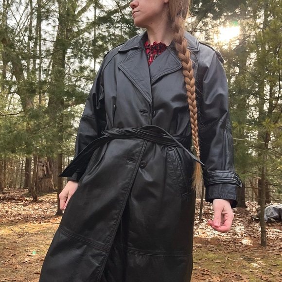 90s Wilsons Leather Maxi Trench Coat Black Men’s Size S - Picture 10 of 16